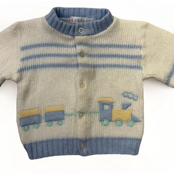 Vintage Baby Cardigan Sweater Train Knit 12 Months Blue White Cradles Sweet - Picture 3 of 7